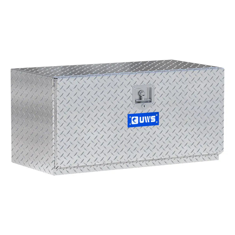 UWS 36" Underbody Truck Tool Box, Single-Door Bright Aluminum, studio angle, opened from the side