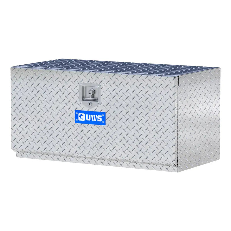UWS 36" Underbody Truck Tool Box, Single-Door Bright Aluminum, studio angle, opened
