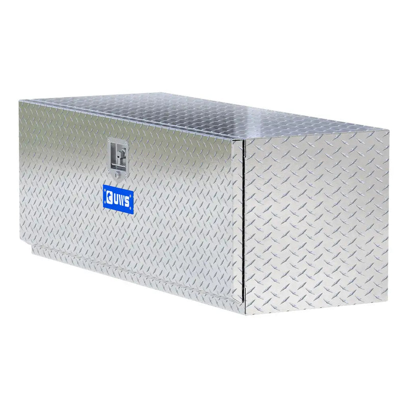 UWS 48" Underbody Truck Tool Box, Single-Door Bright Aluminum, hero, front three-quarter studio view on white