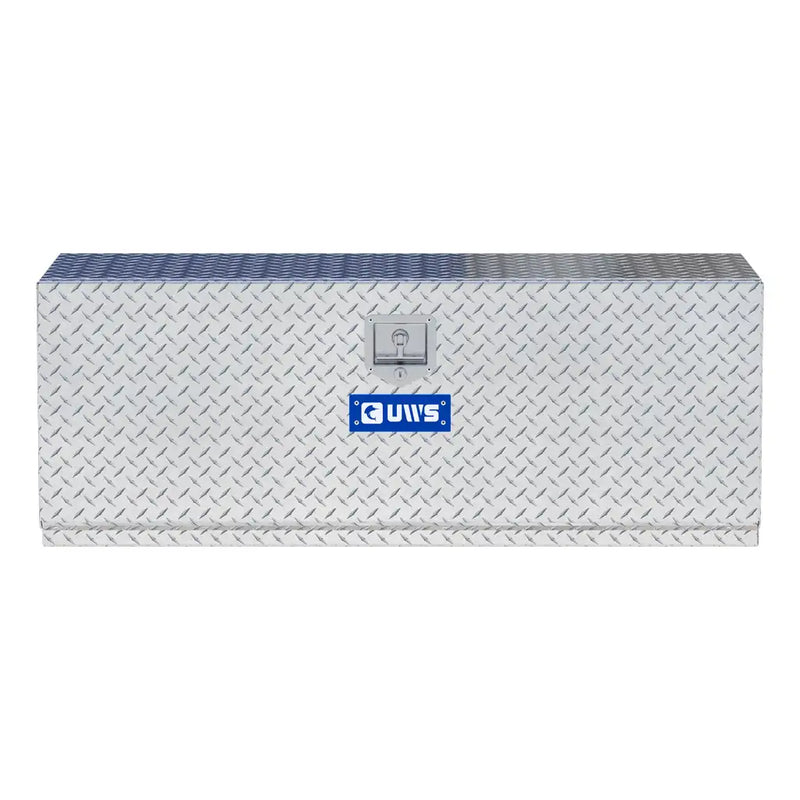 UWS 48" Underbody Truck Tool Box, Single-Door Bright Aluminum, studio angle, front elevation