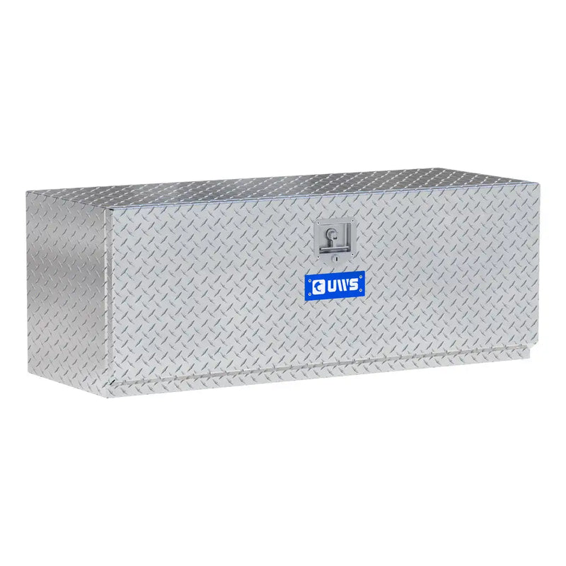 UWS 48" Underbody Truck Tool Box, Single-Door Bright Aluminum, studio angle, opened from the side