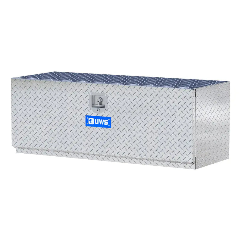 UWS 48" Underbody Truck Tool Box, Single-Door Bright Aluminum, studio angle, opened