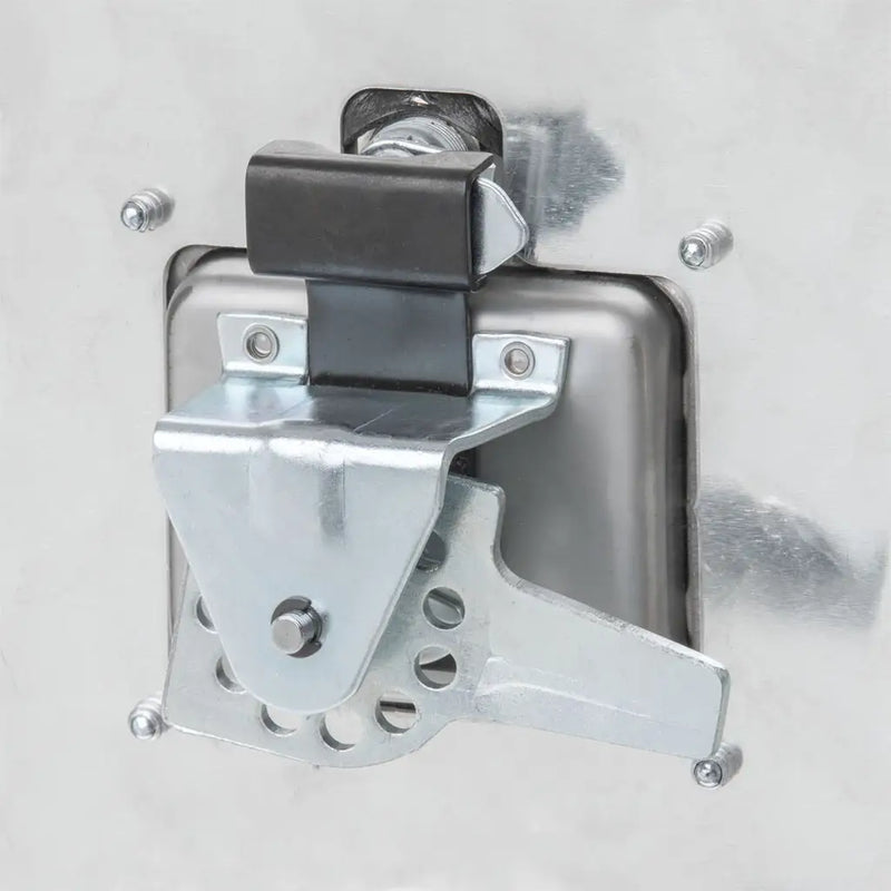 UWS 60" Underbody Truck Tool Box, Single-Door Bright Aluminum, close-up of the latch mechanism