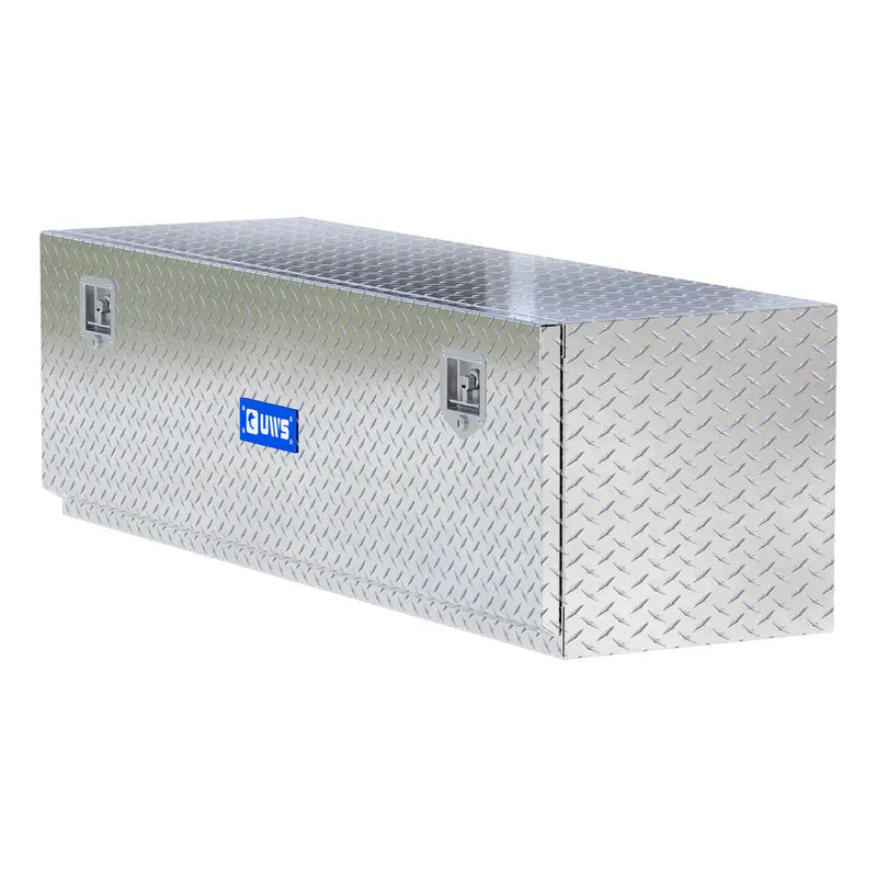 UWS 60" Underbody Truck Tool Box, Single-Door Bright Aluminum, hero, front three-quarter studio view on white