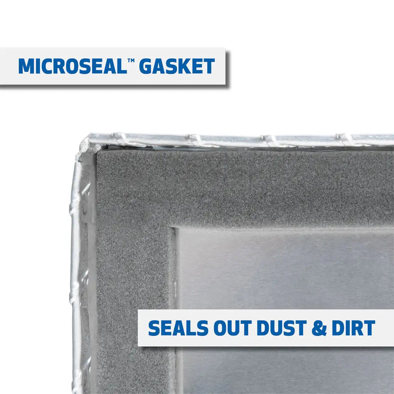 UWS 60" Underbody Truck Tool Box, Single-Door Bright Aluminum, manufacturer panel illustrating the MicroSeal gasket