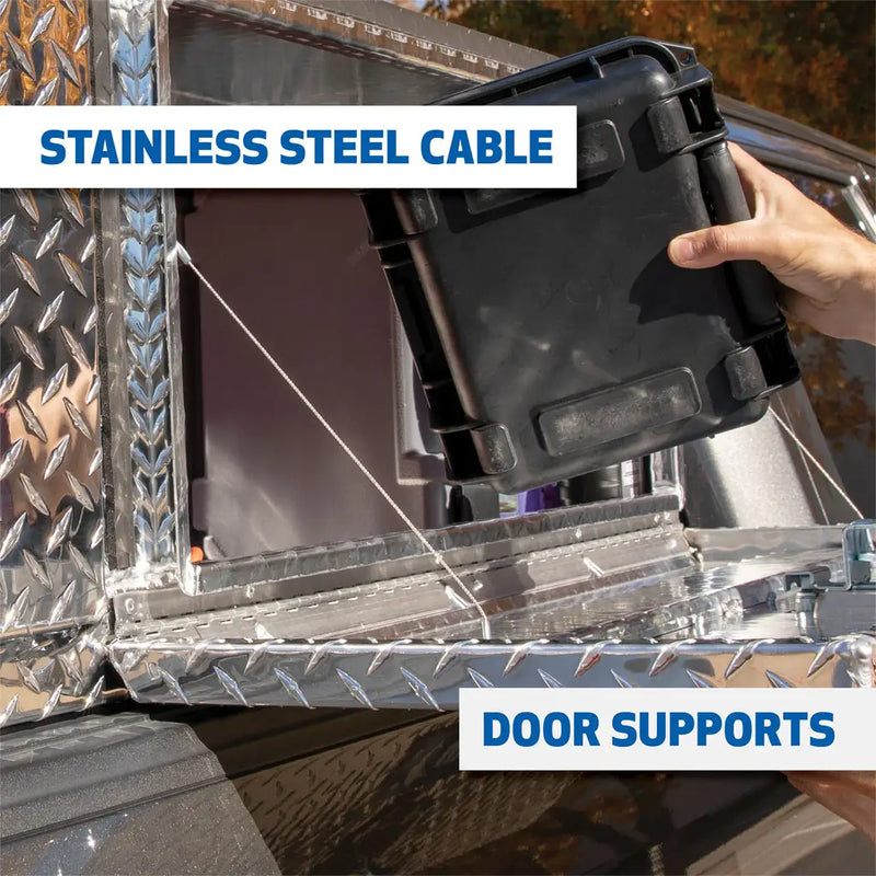 UWS 60" Underbody Truck Tool Box, Single-Door Bright Aluminum, manufacturer panel illustrating the stainless steel door cables