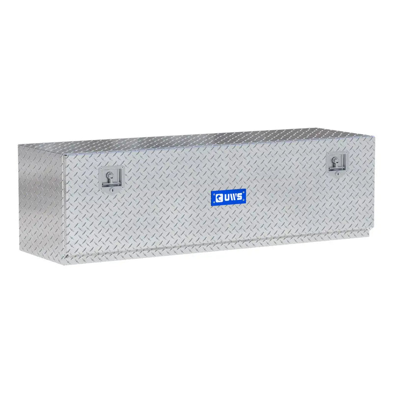 UWS 60" Underbody Truck Tool Box, Single-Door Bright Aluminum, studio angle, opened from the side