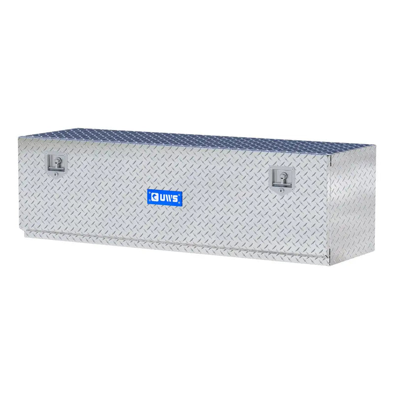 UWS 60" Underbody Truck Tool Box, Single-Door Bright Aluminum, studio angle, opened
