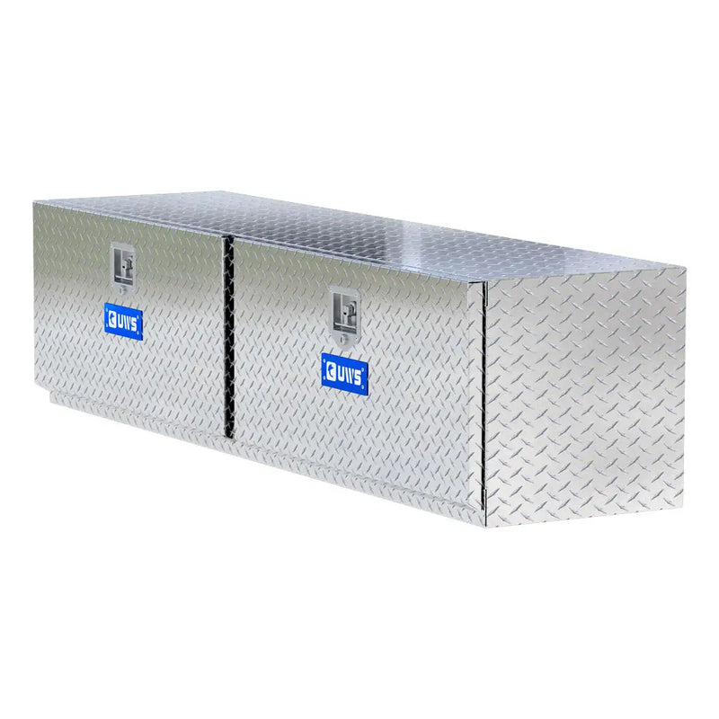 UWS 72" Underbody Truck Tool Box, Double-Door Bright Aluminum, hero, front three-quarter studio view on white
