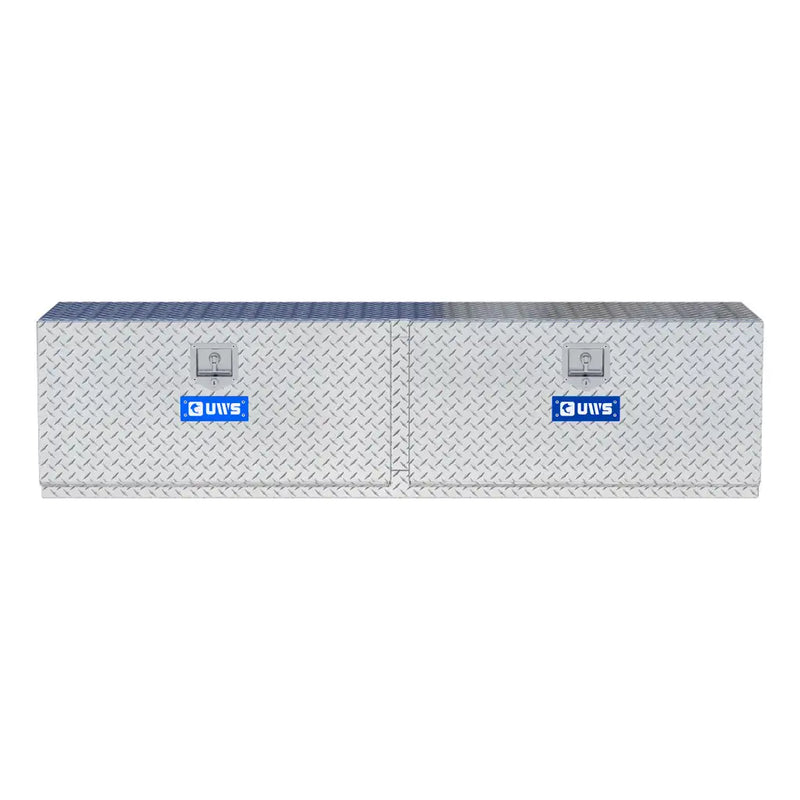 UWS 72" Underbody Truck Tool Box, Double-Door Bright Aluminum, studio angle, front elevation