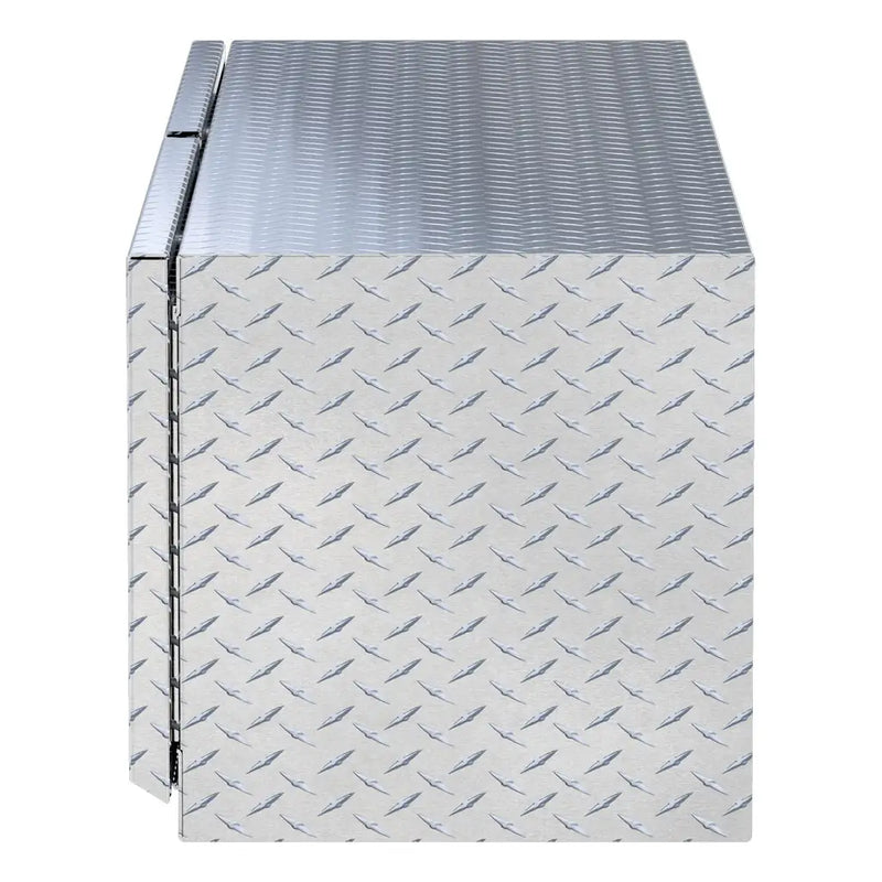 UWS 72" Underbody Truck Tool Box, Double-Door Bright Aluminum, studio angle, fully open