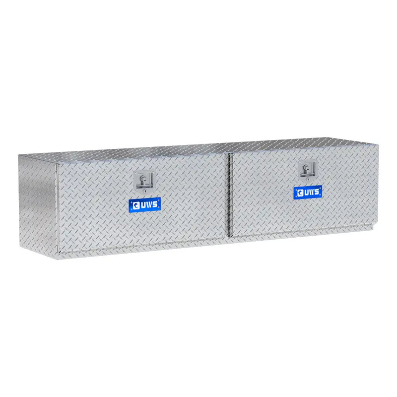 UWS 72" Underbody Truck Tool Box, Double-Door Bright Aluminum, studio angle, opened from the side