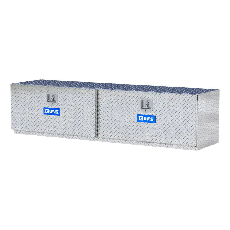 UWS 72" Underbody Truck Tool Box, Double-Door Bright Aluminum, studio angle, opened