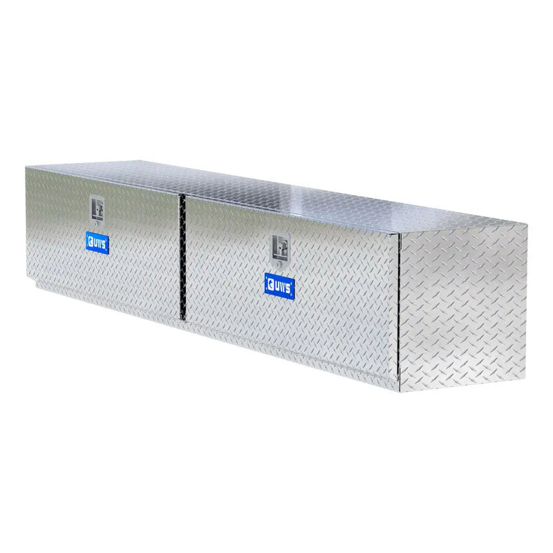 UWS 96" Underbody Truck Tool Box, Double-Door Bright Aluminum, hero, front three-quarter studio view on white