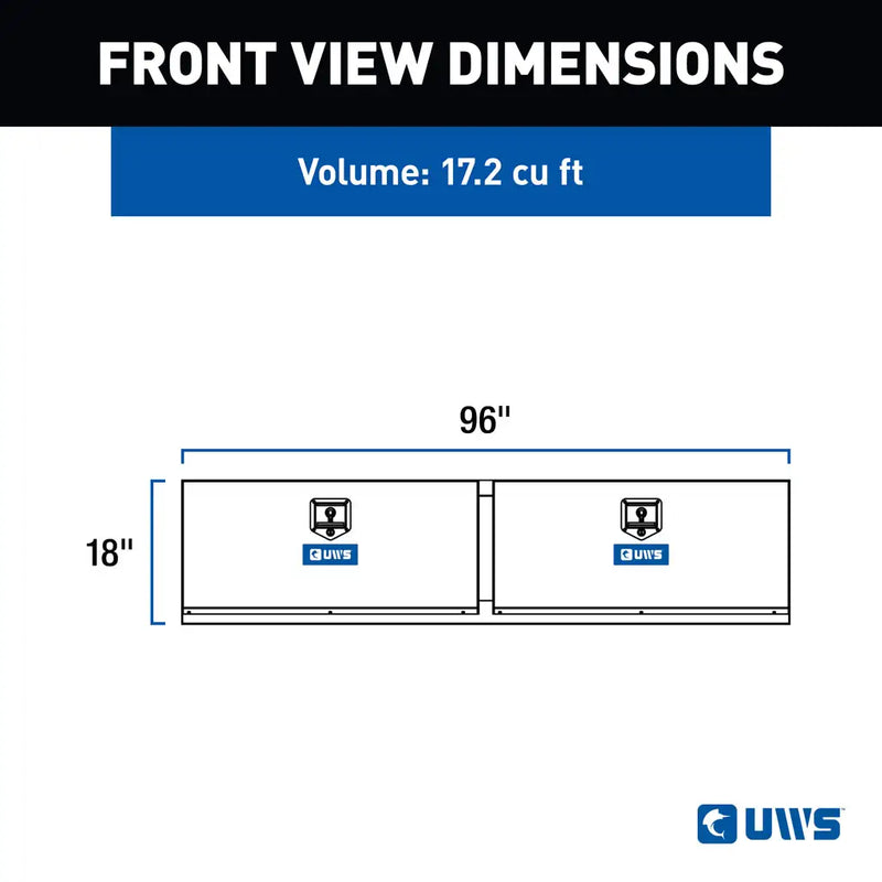 UWS 96" Underbody Truck Tool Box, Double-Door Bright Aluminum, manufacturer front view dimension drawing