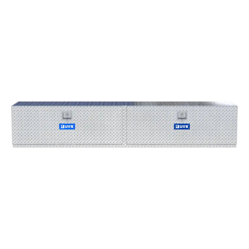 UWS 96" Underbody Truck Tool Box, Double-Door Bright Aluminum, studio angle, front elevation