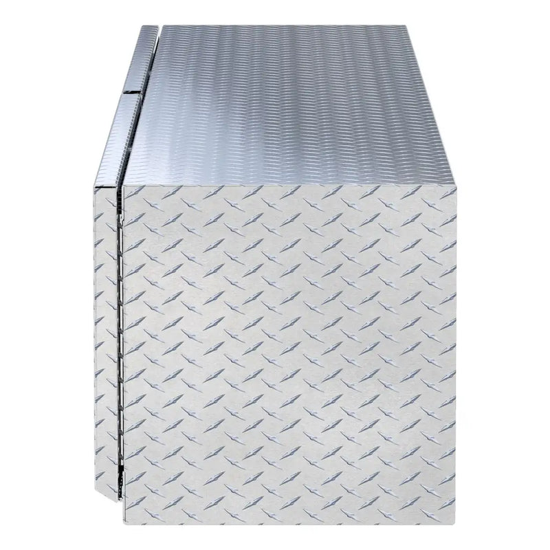 UWS 96" Underbody Truck Tool Box, Double-Door Bright Aluminum, studio angle, fully open