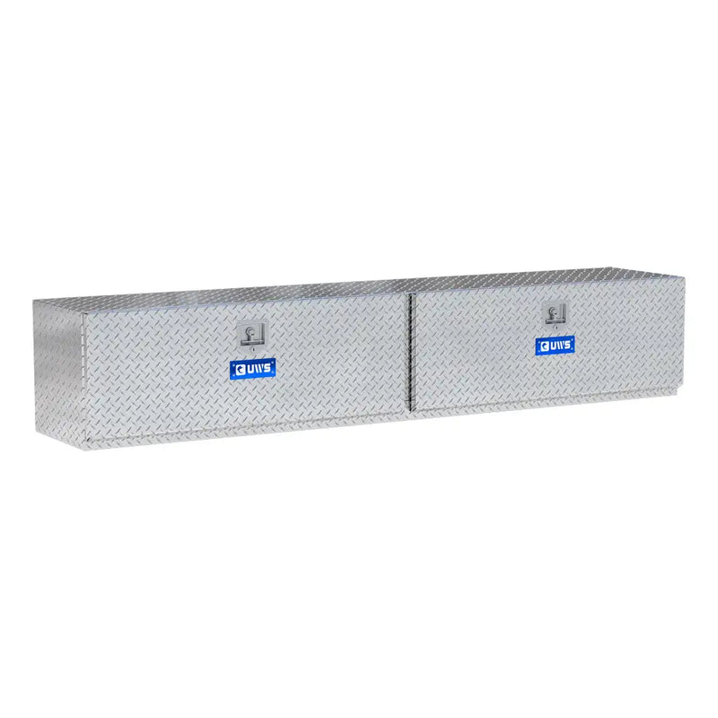 UWS 96" Underbody Truck Tool Box, Double-Door Bright Aluminum, studio angle, opened from the side
