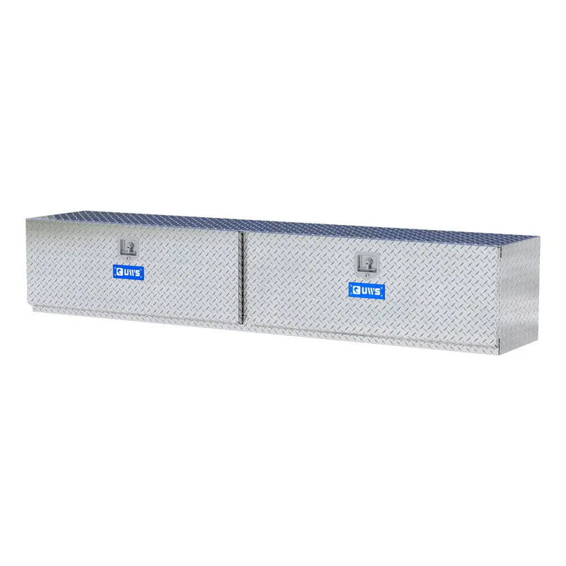 UWS 96" Underbody Truck Tool Box, Double-Door Bright Aluminum, studio angle, opened