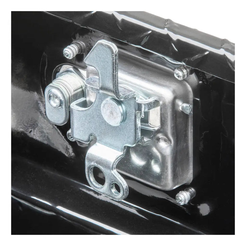 UWS 34" Trailer Tongue Box, Gloss Black Aluminum, close-up of the latch mechanism