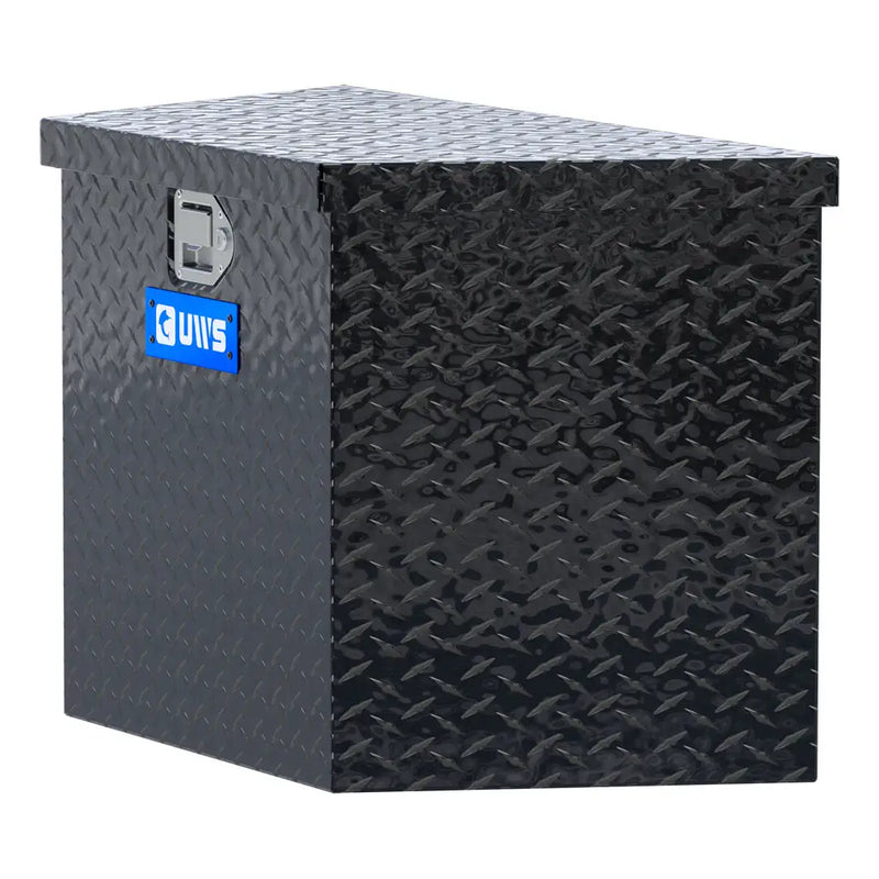 UWS 34" Trailer Tongue Box, Gloss Black Aluminum, studio angle, opened from the side