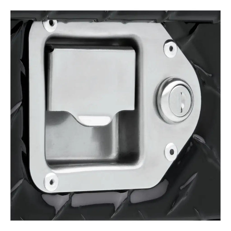 UWS 34" Low Profile Trailer Tongue Box, Gloss Black Aluminum, close-up of the latch and lock