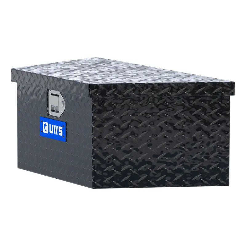 UWS 34" Low Profile Trailer Tongue Box, Gloss Black Aluminum, studio angle, opened from the side