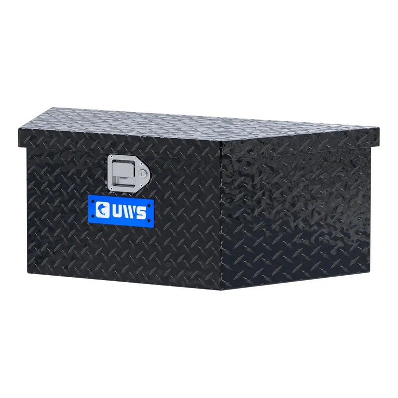 UWS 34" Low Profile Trailer Tongue Box, Gloss Black Aluminum, studio angle, opened