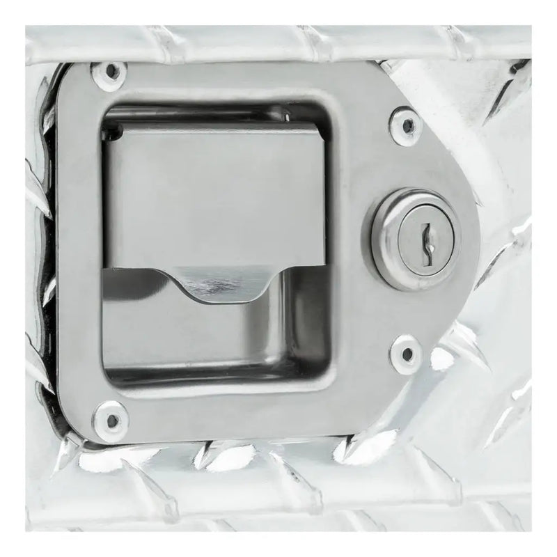 UWS 34" Low Profile Trailer Tongue Box, Bright Aluminum, close-up of the latch and lock