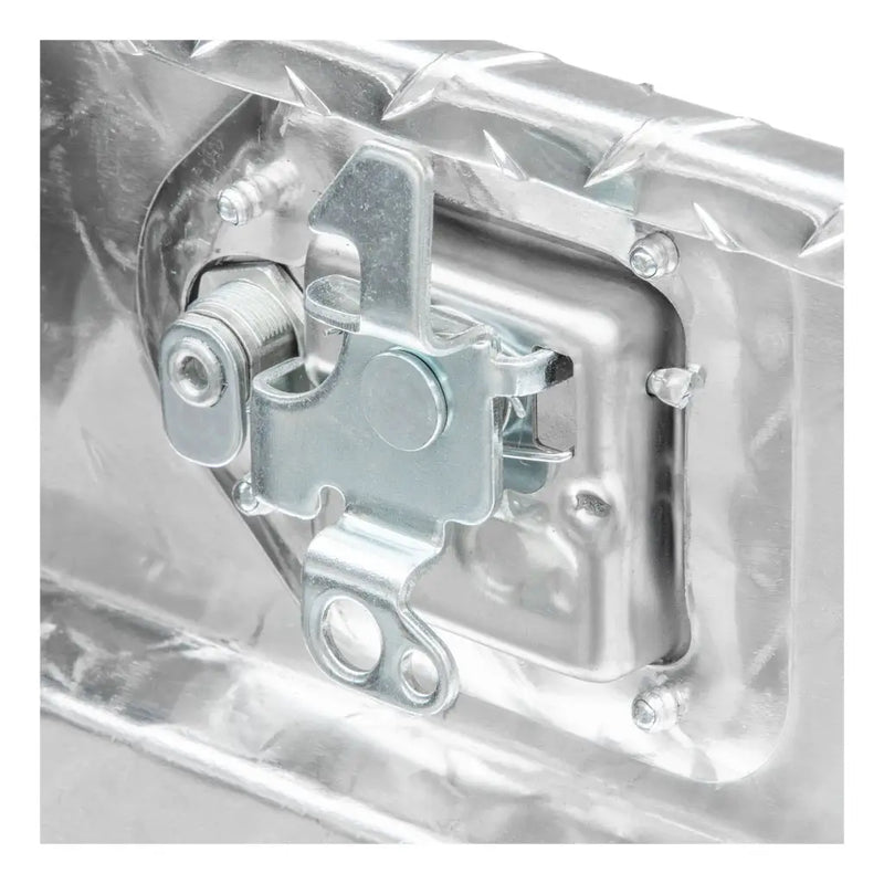 UWS 34" Low Profile Trailer Tongue Box, Bright Aluminum, close-up of the latch mechanism