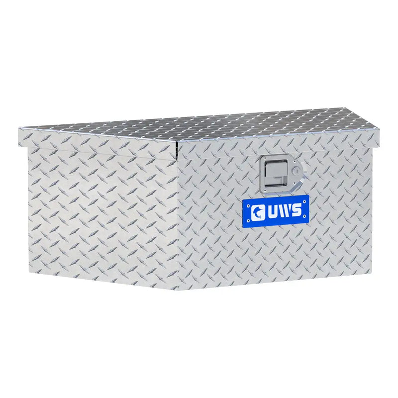 UWS 34" Low Profile Trailer Tongue Box, Bright Aluminum, hero, front three-quarter studio view on white