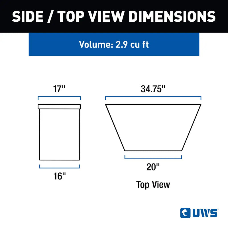UWS 34" Low Profile Trailer Tongue Box, Bright Aluminum, manufacturer side view dimension drawing