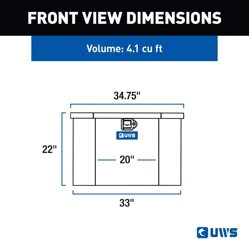 UWS 34" Trailer Tongue Box, Bright Aluminum, manufacturer front view dimension drawing
