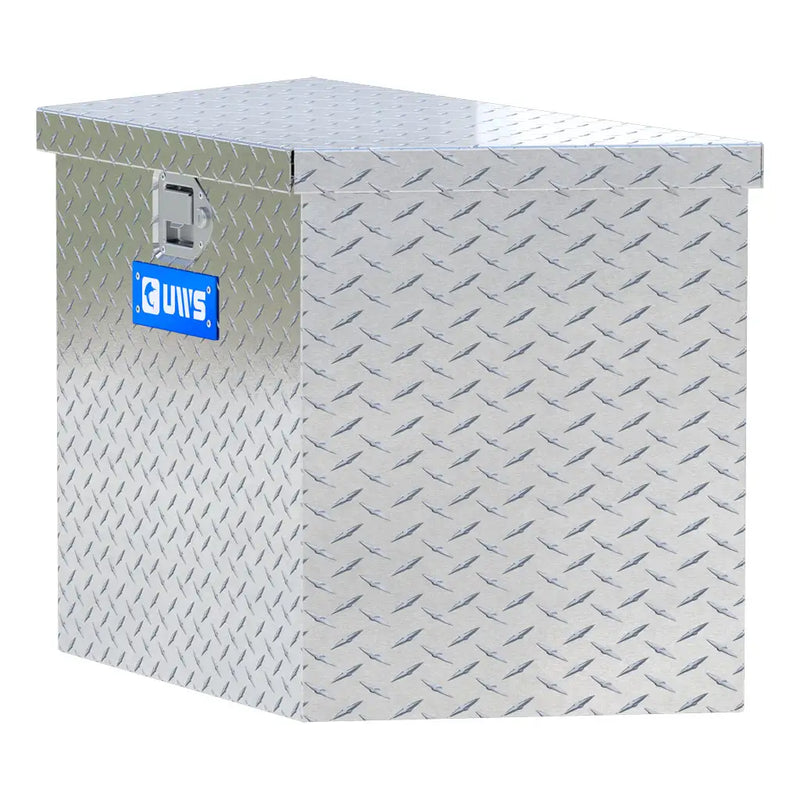 UWS 34" Trailer Tongue Box, Bright Aluminum, studio angle, opened from the side