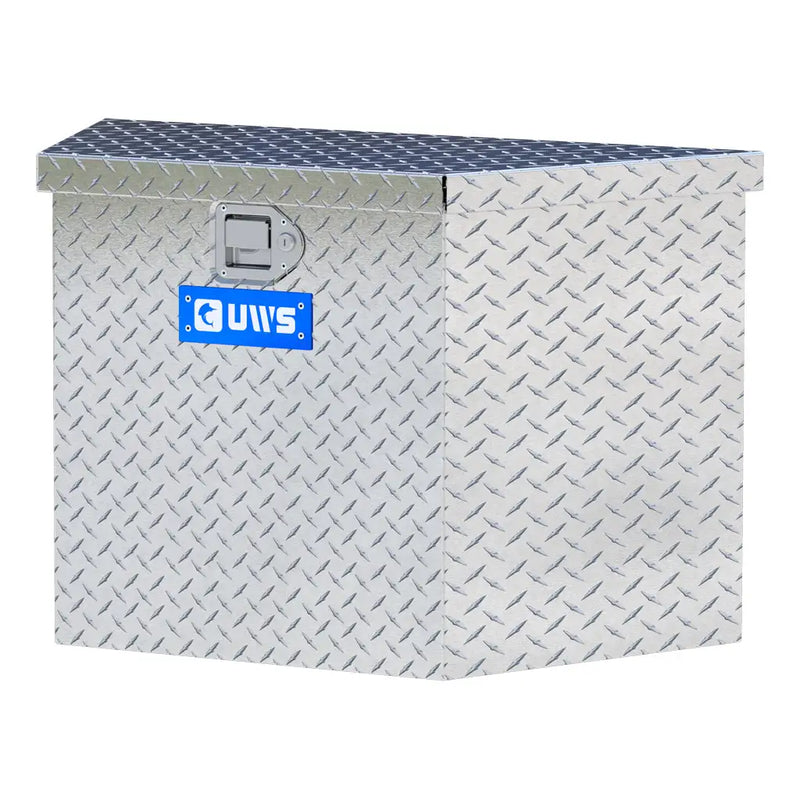 UWS 34" Trailer Tongue Box, Bright Aluminum, studio angle, opened