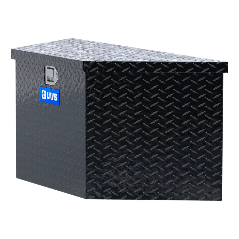 UWS 49" Trailer Tongue Box, Gloss Black Aluminum, studio angle, opened from the side