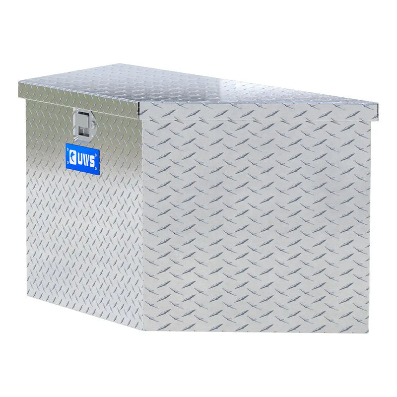 UWS 49" Trailer Tongue Box, Bright Aluminum, studio angle, opened from the side