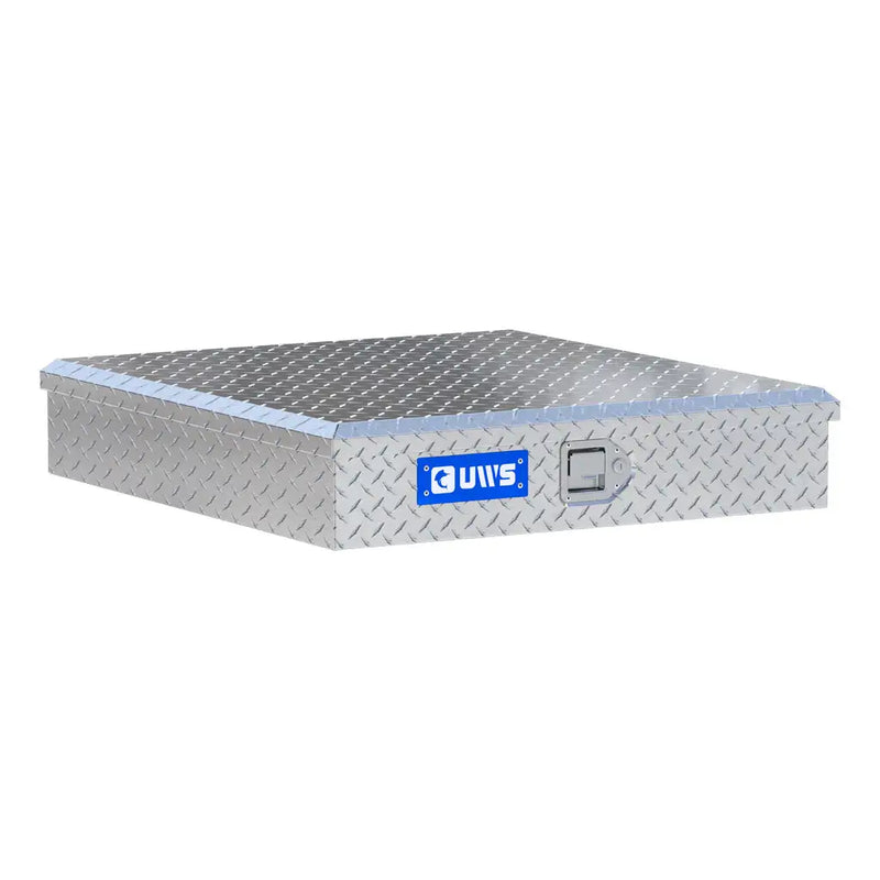 UWS 34" Dog Box Accessory Chest in bright aluminum, front three-quarter studio view with the lid closed