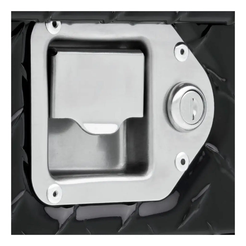 UWS TT-100-CB-B 100-gallon combo transfer tank in gloss black, close-up of a stainless steel paddle lock handle