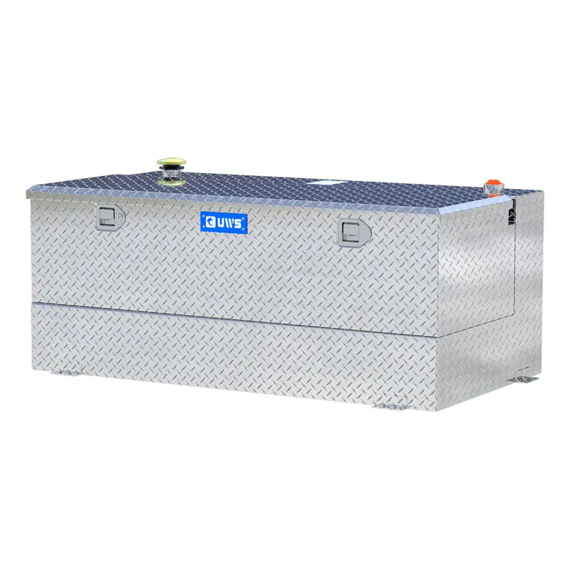 UWS TT-100-COMBO 100-gallon combo transfer tank in bright aluminum, front three-quarter studio view