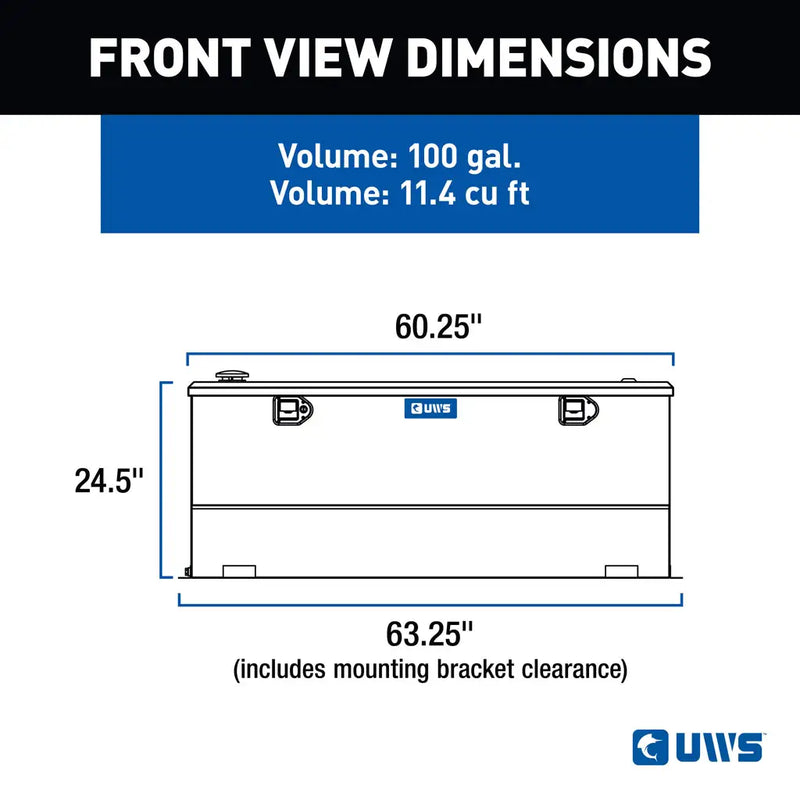UWS TT-100-COMBO 100-gallon combo transfer tank in bright aluminum, FRONT VIEW DIMENSIONS drawing with measurements