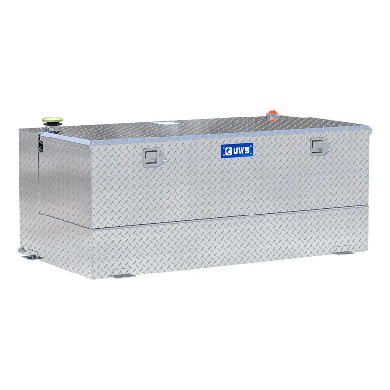 UWS TT-100-COMBO 100-gallon combo transfer tank in bright aluminum, three-quarter studio view