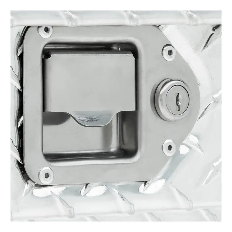 UWS TT-100-COMBO 100-gallon combo transfer tank in bright aluminum, close-up of a stainless steel paddle lock handle