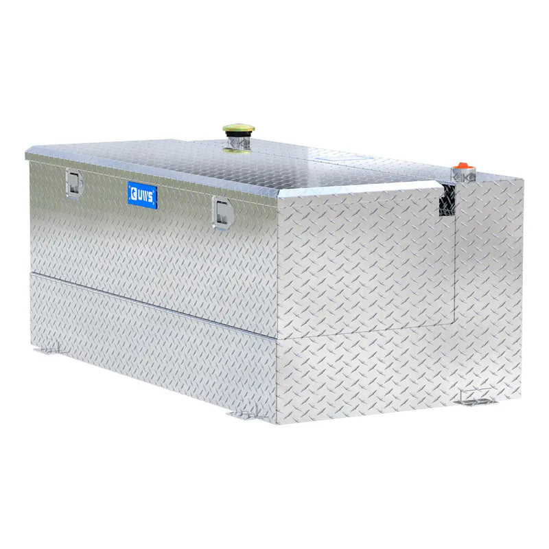 UWS TT-100-COMBO 100-gallon combo transfer tank in bright aluminum, rear three-quarter view