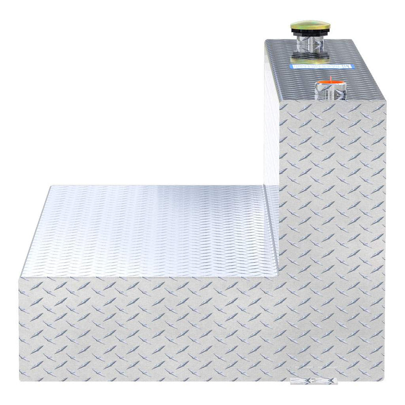 UWS TT-100-L-T-P 100-gallon l-shaped transfer tank in bright aluminum, end-on side view
