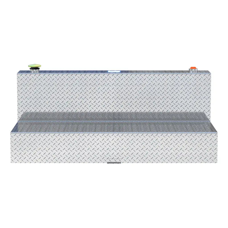 UWS TT-100-L-T-P 100-gallon l-shaped transfer tank in bright aluminum, straight-on front view