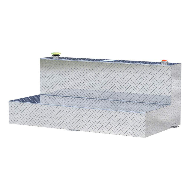 UWS TT-100-L-T-P 100-gallon l-shaped transfer tank in bright aluminum, front three-quarter studio view