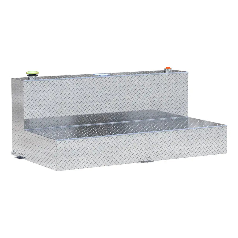 UWS TT-100-L-T-P 100-gallon l-shaped transfer tank in bright aluminum, three-quarter studio view