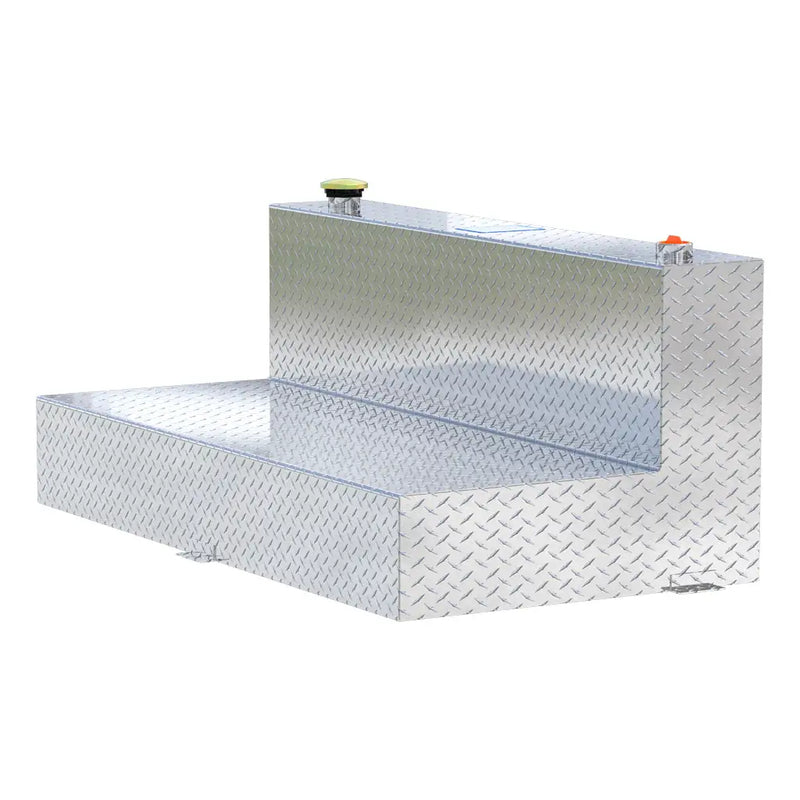 UWS TT-100-L-T-P 100-gallon l-shaped transfer tank in bright aluminum, rear three-quarter view