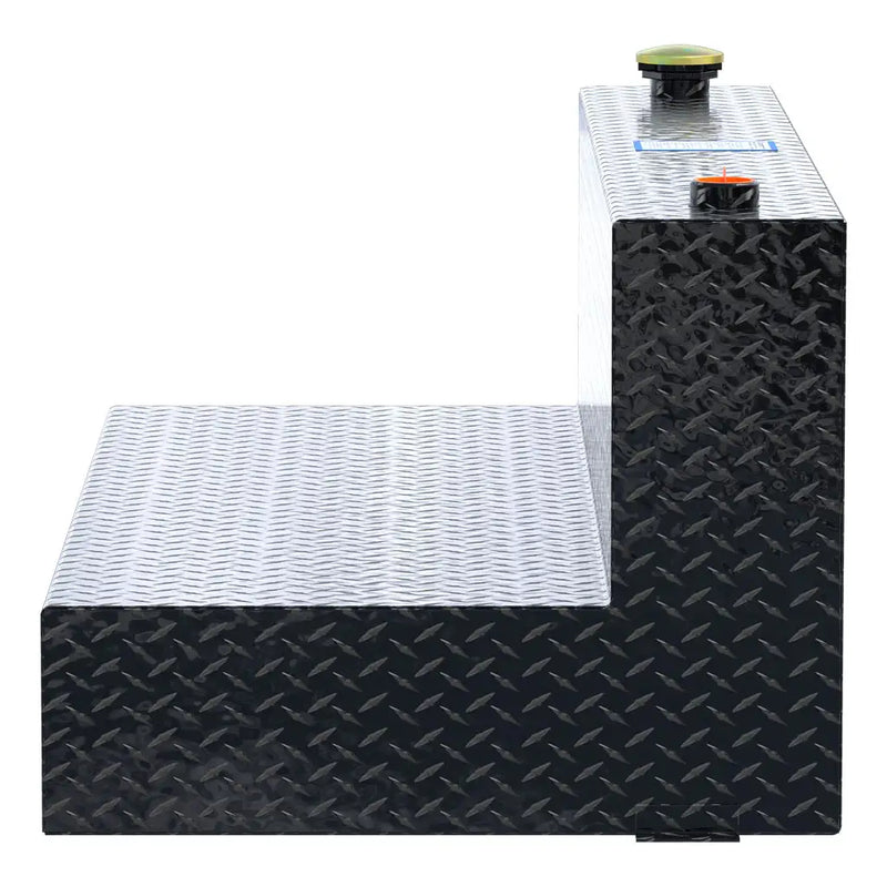 UWS TT-100-L-T-P-B 100-gallon l-shaped transfer tank in gloss black, end-on side view